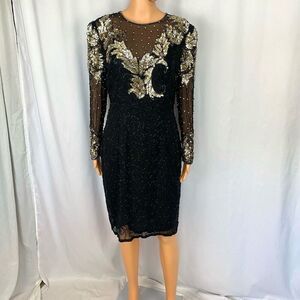Vintage Haute Sheer Silk Sequin Coctail Dress Silver gold sequin Women’s 10 by N